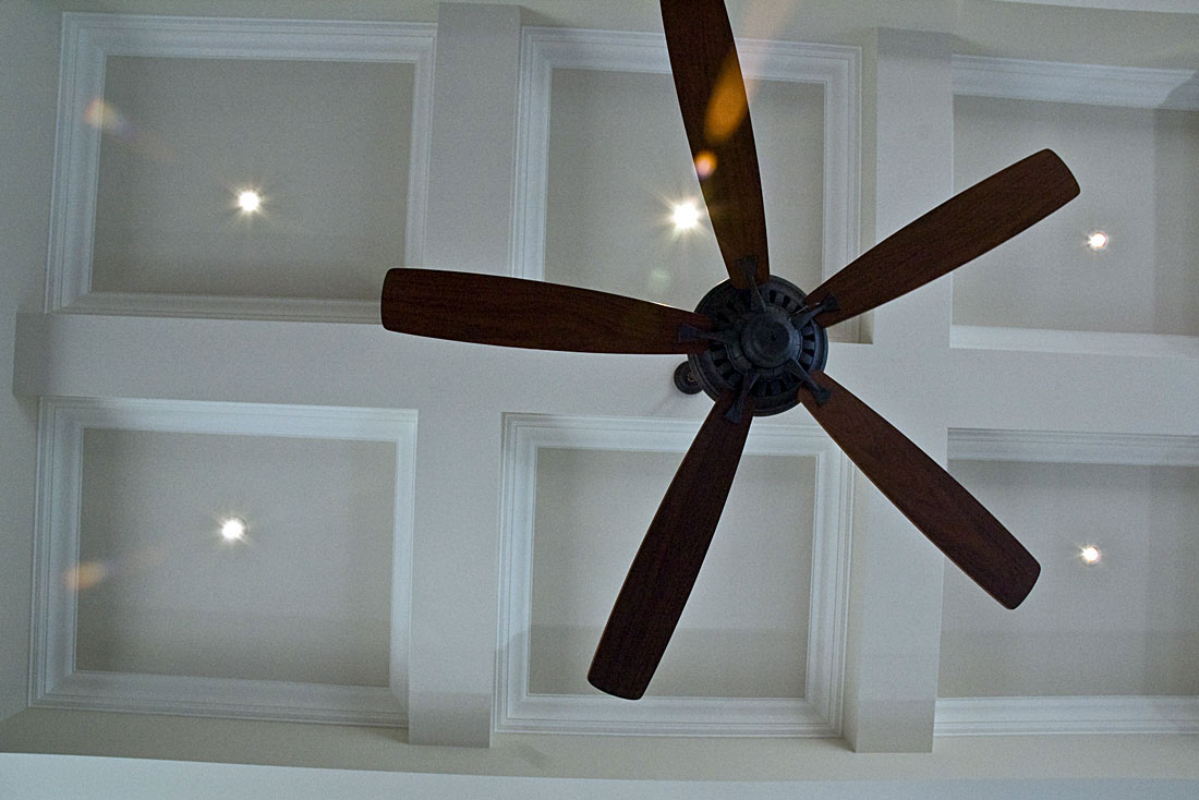 Boxed ceiling with molding and ceiling fan.