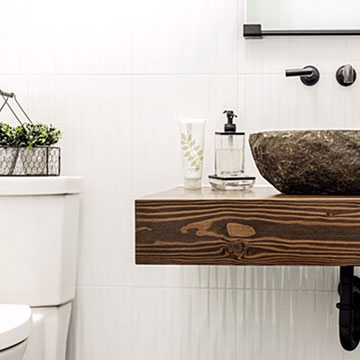 Powder Room with Stone & Wood Floating Vanity