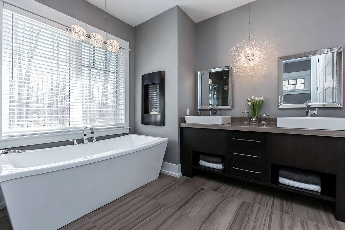 Wiltshire bathroom with soaker tub and double vanity.