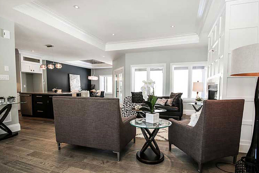 Yorkshire livingroom with view of kitchen and dining room.